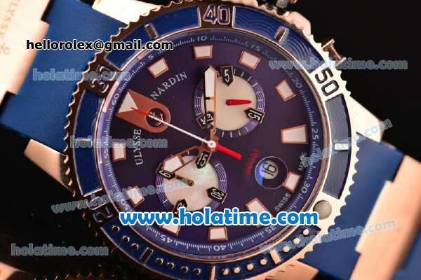 Ulysse Nardin Maxi Marine Diver Chrono Miyota Quartz Rose Gold Case with Blue Dial and Blue Rubber Strap - Click Image to Close